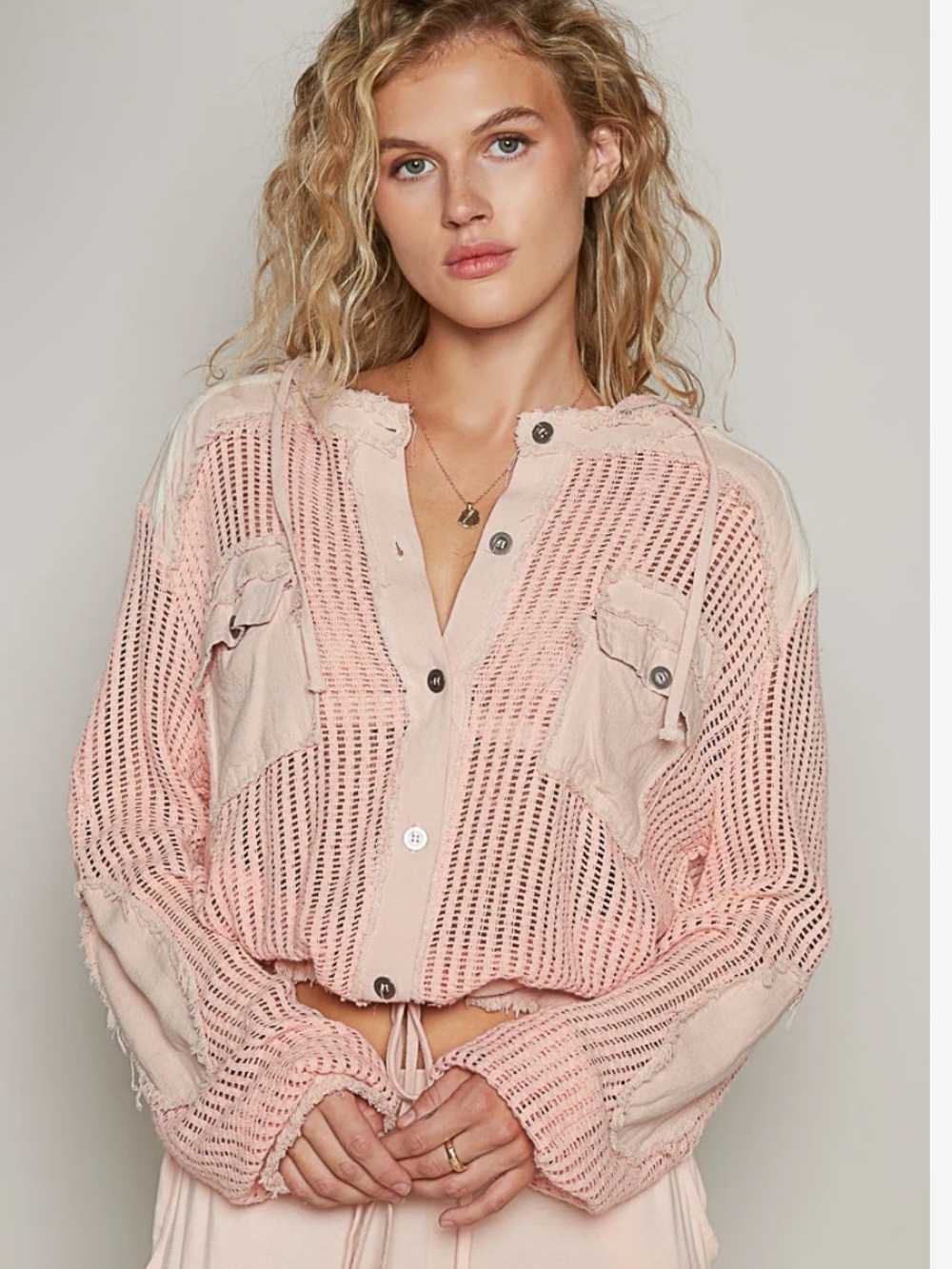 Pol Pink Mesh Cinch Zip Up Hoodie Top